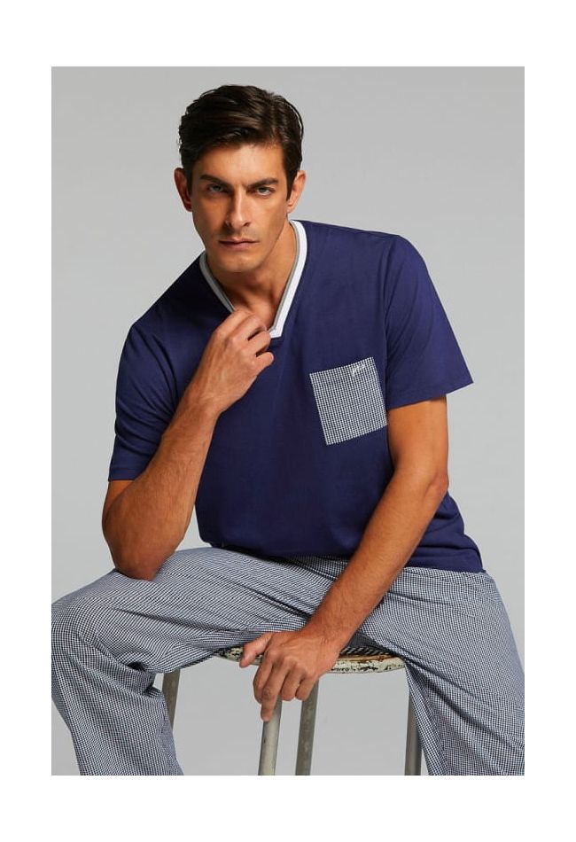 PJ TRISTAN MAN COTTON PYJAMAS. T-SHIRT V NECK AND POCKET SOLID COLOR. LONG TROUSERS IN WOVEN FABRIC