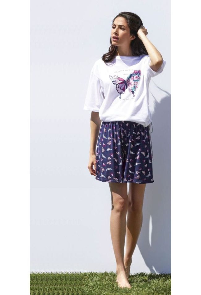 PJ CALENDULA WOMAN COTTON SHORT PYJAMAS WITH PLACED PRINT BUTTERFLY WITH SIDE DRAWSTRING CLOSE NECK SHORT SLEEVES AND VISCOSE PRINTED SHORTS