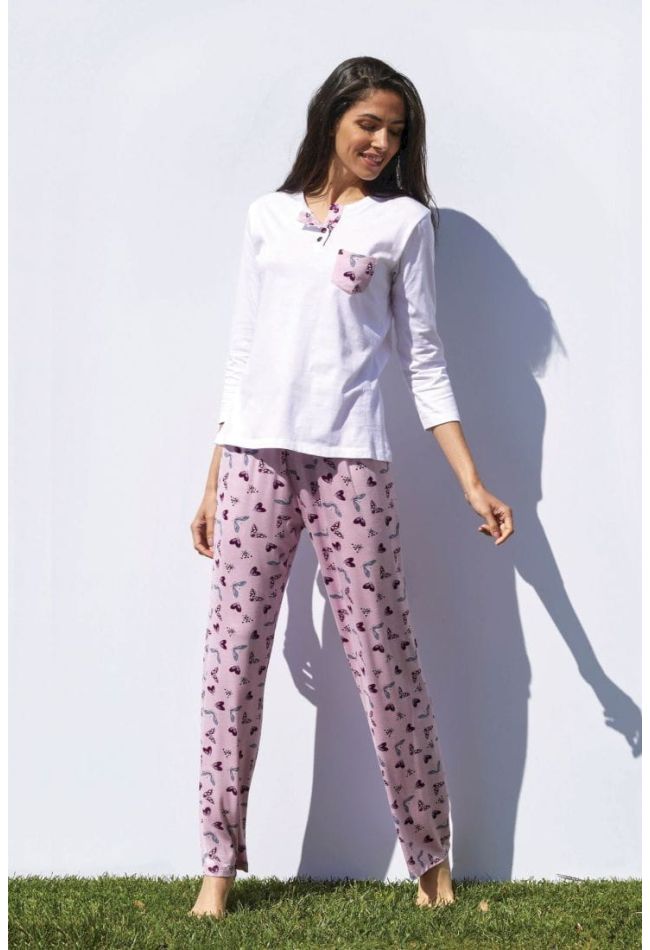 PJ ORTENSIA WOMAN VISCOSE-COTTON LONG PYJAMAS WITH BUTTERFLY PRINT BUTTON OPENING WITH POCKET 3/4 SLEEVES AND VISCOSE PANTS OPEN LEG
