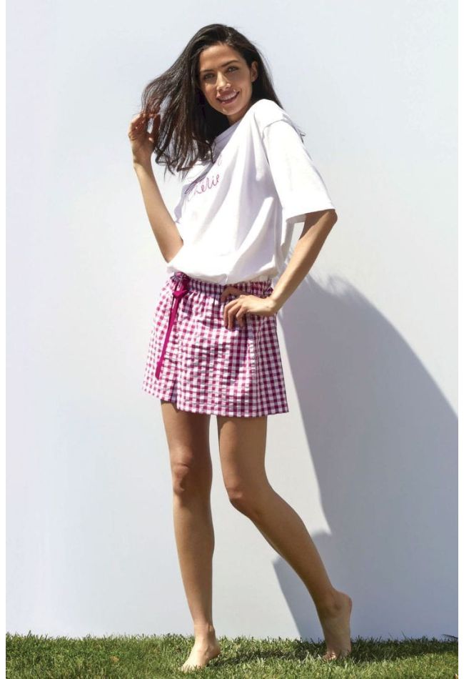PJ PEPEROSA WOMAN COTTON SHORT PYJAMAS WITH EMBROIDERY AND WOVEN VICHY SHORTS ROUND NECK SHORT SLEEVES