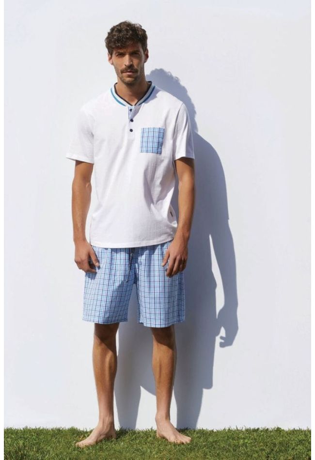 PJ TIMO MAN COTTON SHORT PYJAMAS WITH SQUARED WOVEN FABRIC SHORTS BUTTON OPENING WITH POCKET SHORT SLEEVES