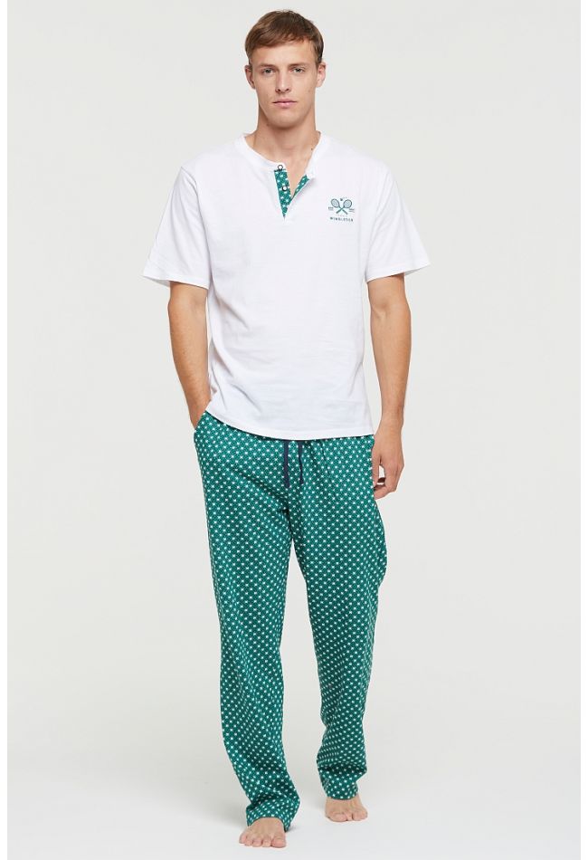 MAN COTTON PYJAMAS. T-SHIRT WITH PLACKET AND LONG TROUSERS IN PATTERNED “TIE” - CLAUDIO