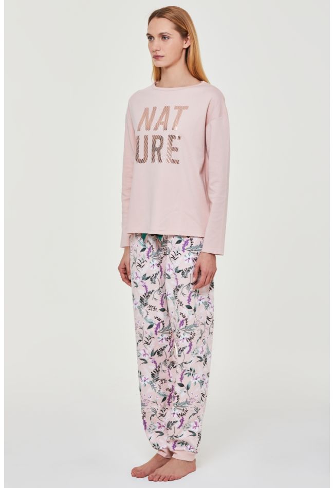 WOMAN LONG COTTON PYJAMAS WITH BOAT NECK AND PLACED PRINT WITH FLORAL PANTS WITH SIDE POCKETS AND CUFFED LEGS - PJ NINFA