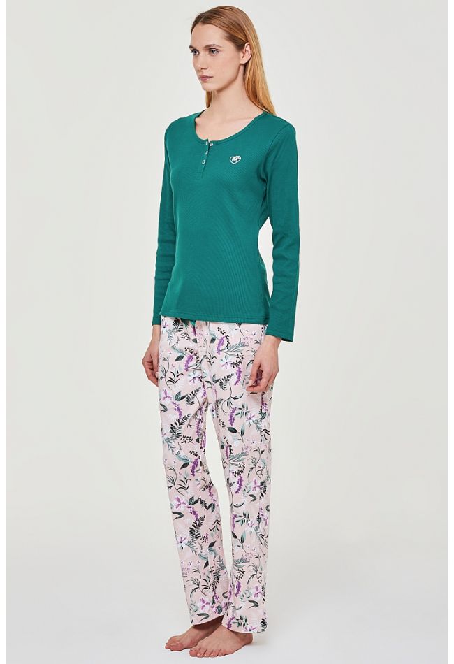 WOMAN LONG RIBBED COTTON PYJAMAS WITH SERAPH OPENING TINY EMBROIDERY AND FLORAL PANTS - PJ GINESTRA