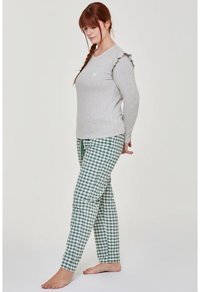 WOMAN LONG VISCOSE PYJAMAS WITH TINY EMBROIDERY AND FLANNEL PANTS - PJ PEONIA