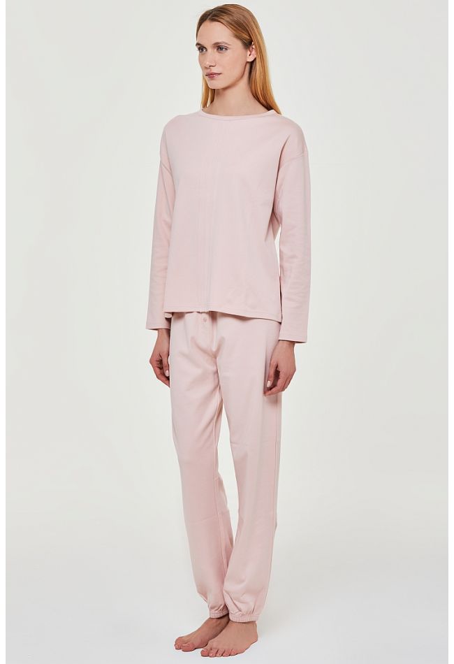 WOMAN LONG COTTON PLAIN PYJAMAS WITH BOAT NECK AND PANTS WITH CUFFED LEGS - PJ BERGAMOTTO