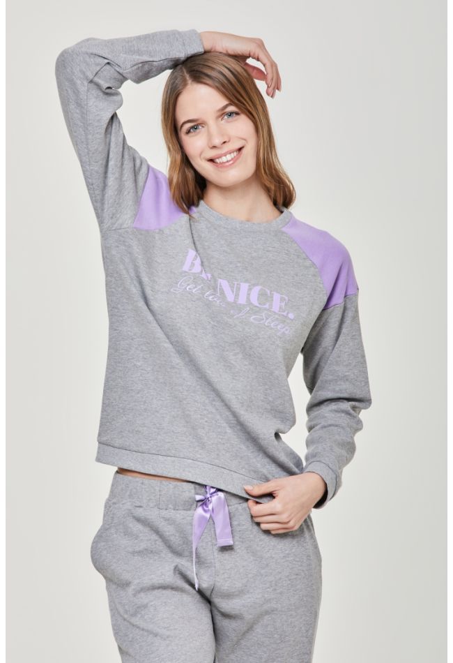 WOMAN LONG COTTON PYJAMAS WITH PLACED PRINT AND PLAIN PANTS WITH SIDE POCKETS - PJ CAMPANELLA