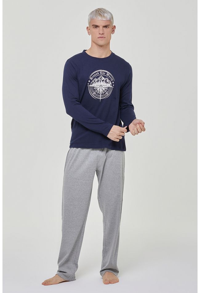 MAN LONG COTTON PYJAMAS WITH COMPASS PLACED PRINT AND PLAIN PANTS WITH OPEN LEGS AND BACK POCKET - PJ CORIANDOLO