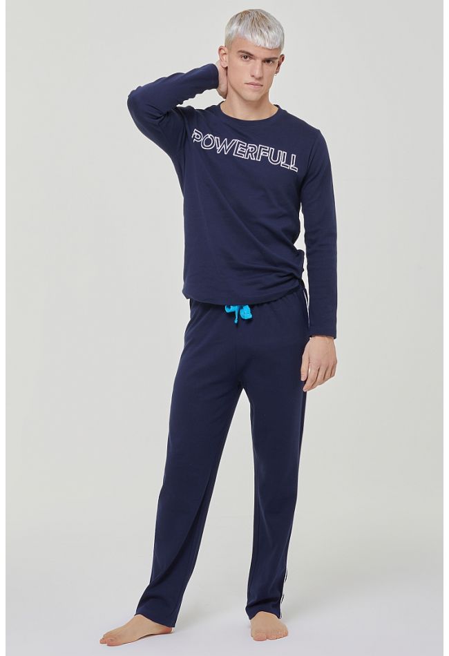 MAN LONG COTTON PYJAMAS WITH EMBROIDERY "POWERFUL" AND PANTS WITH SIDE STRIPE OPEN LEGS AND BACK POCKET - PJ YUCCA