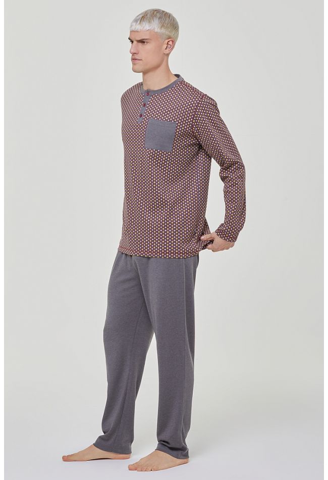 MAN LONG COTTON PYJAMAS WITH  SERAPH OPENING AND OPEN LEGS PANTS WITH INTERNAL FLANNEL AND BACK POCKET - PJ ZAFFERANO