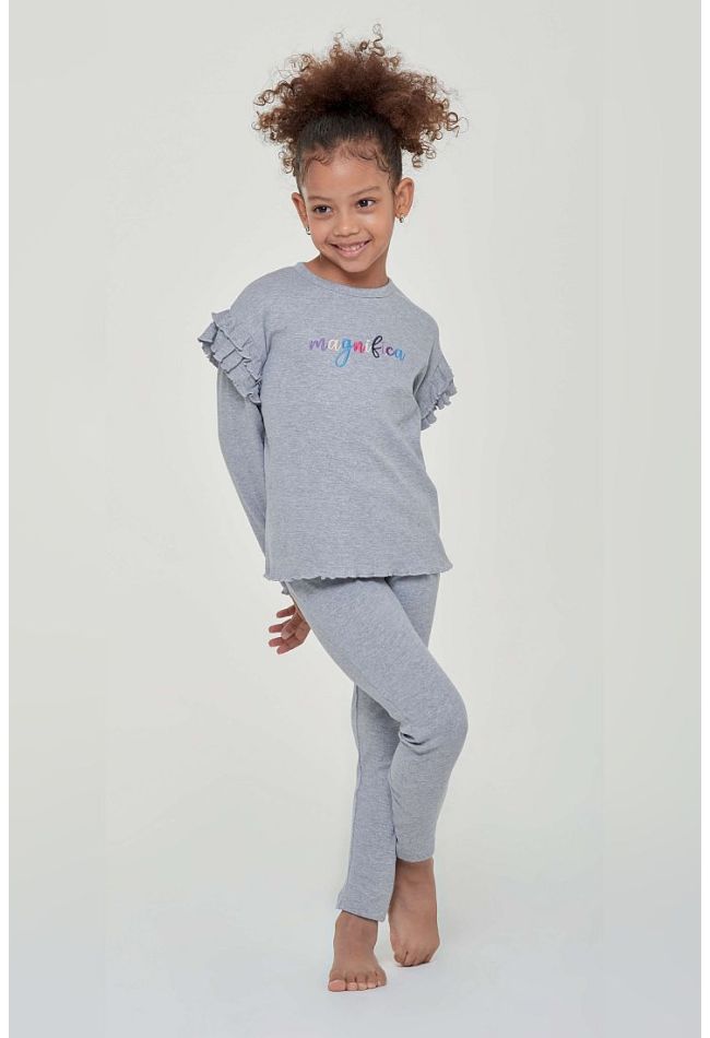GIRL COTTON LONG PYJAMAS PLAIN WITH EBROIDERY AND RUFFLES ON SLEEVES AND PANTS WITH OPEN LEGS - PJ ALTEA