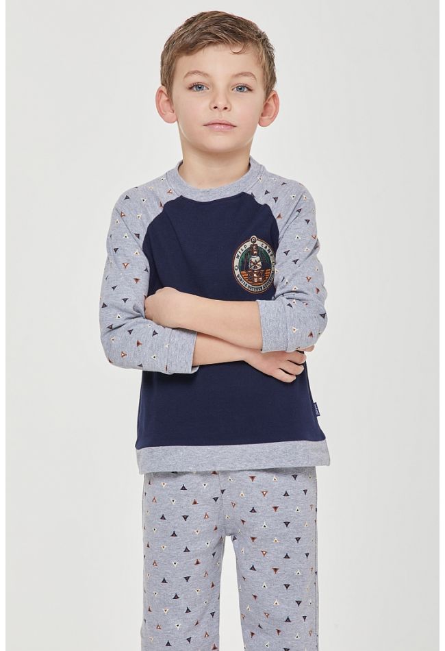 BOY LONG COTTON PYJAMAS WITH EBROIDERY AND PANTS WITH OPEN LEGS AND BACK POCKET - PJ ELIA