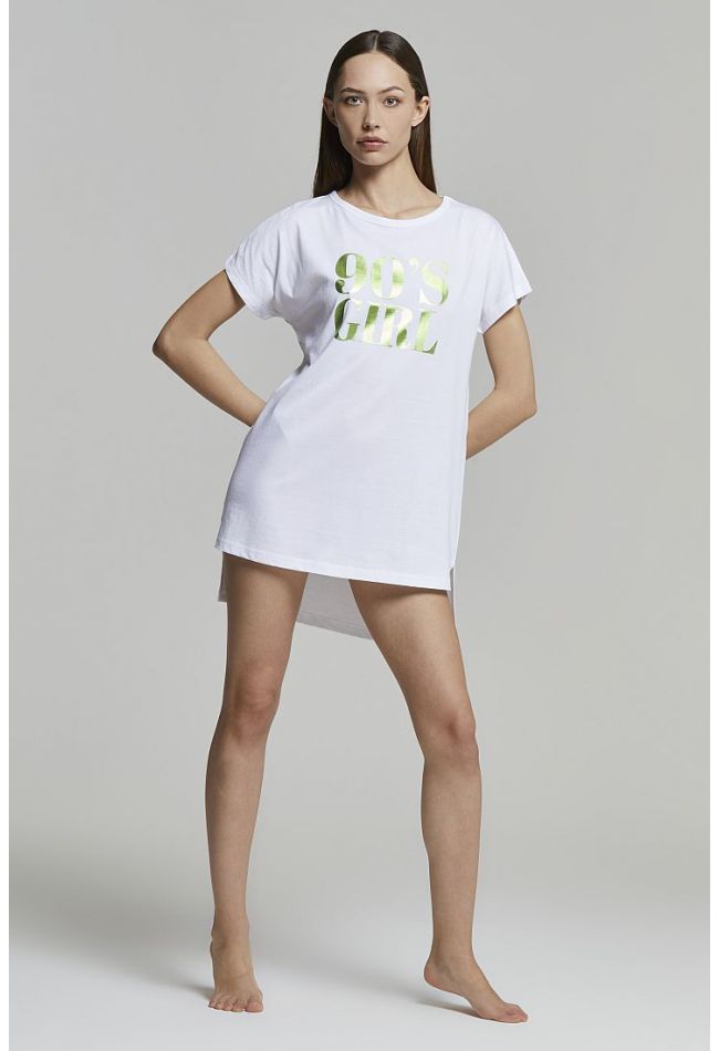 WOMAN SHORT COTTON NIGHTDRESS PLAIN WITH PLACED PRINTS DEVELOPED WITH DIFFERENT TECHNIQUES - MAXI T-SHIRT CARINA