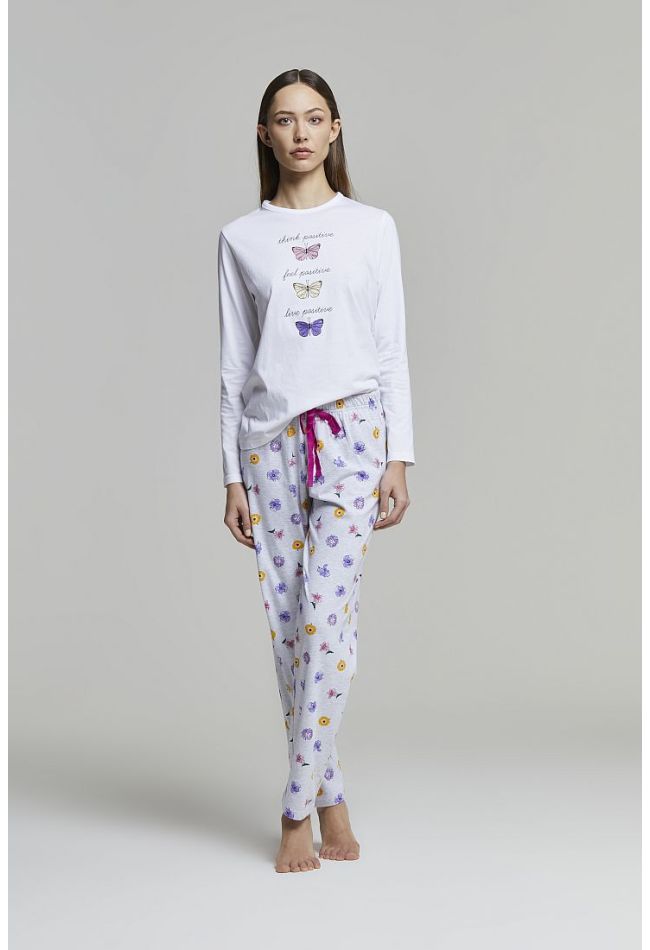 WOMAN LONG COTTON PYJAMAS WITH FLORAL PRINT BUTTERFLY PLACED PRINT AND BACK POCKET - PJ CORINNA