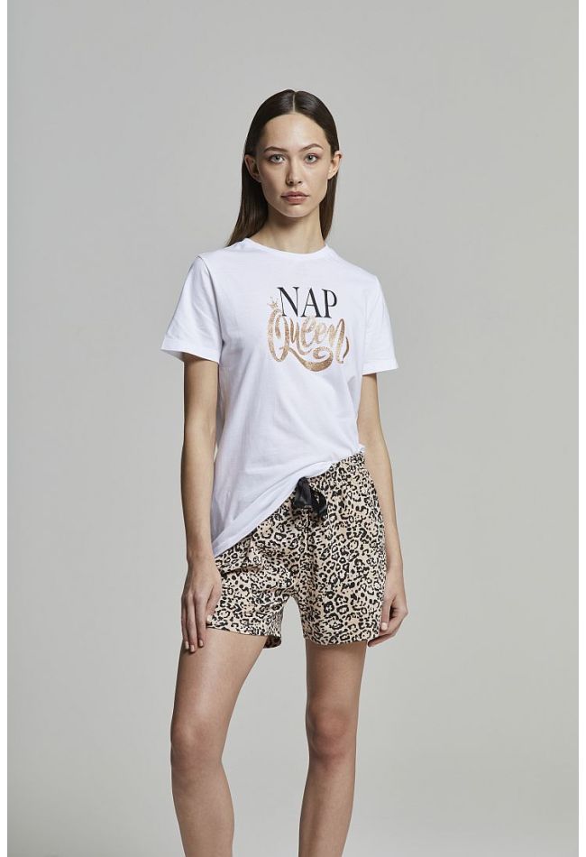 WOMAN SHORT COTTON PYJAMAS WITH ANIMALIER ALLOVER PRINTING SHORTS AND GLITTER PLACED PRINT -  PJ CLAUDIA