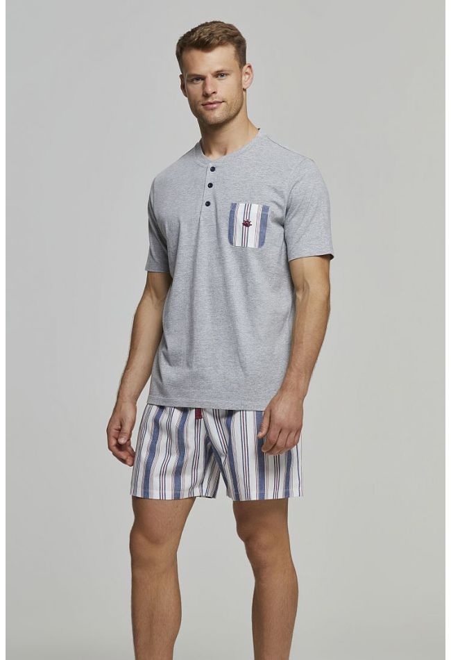 MAN SHORT COTTON PYJAMAS WITH PLACKET POCKET AND SHORTS IN TARTAN OR STIPED PATTERNED STURDY COTTON CANVAS - PJ ALBINO