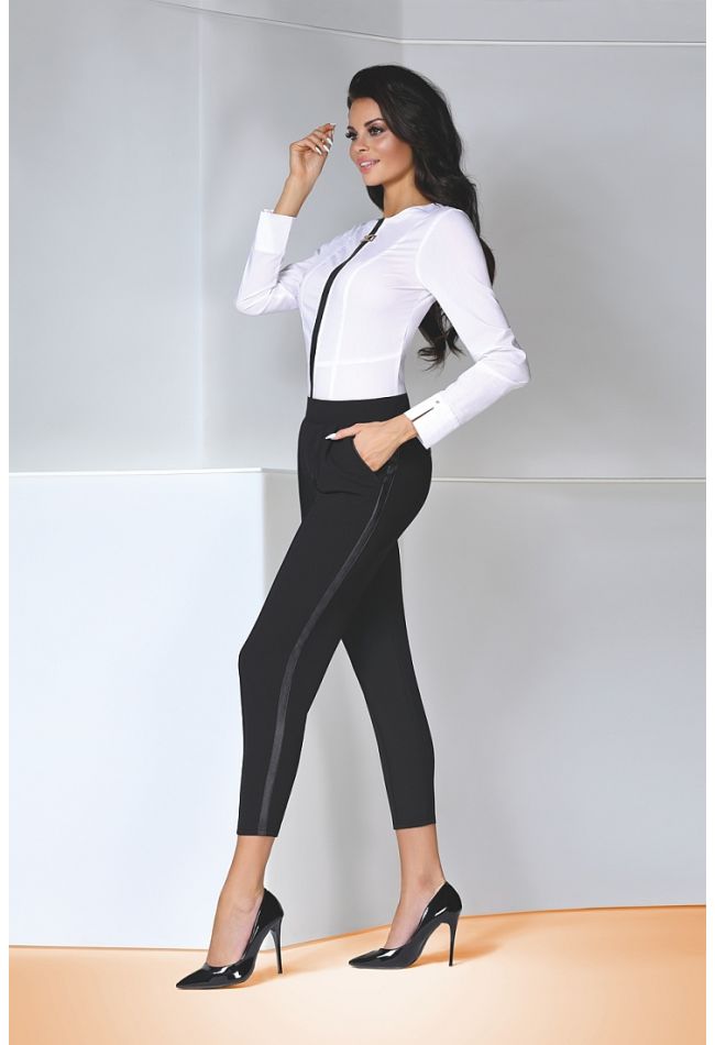 ANTONINA WOMAN ELASTIC CREPE CAPRI PANTS WITH STITCHING AND ECO LEATHER STRIPE AT SIDE