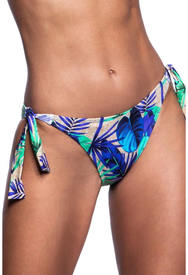 AEGEAN BLUE WOMAN BIKINI BOTTOM WITH TROPICAL PRINT TIE-SIDED LOW RISE MODERATE COVERAGE