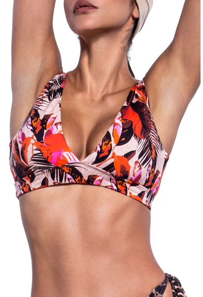 TROPICAL CHAOS WOMΑΝ BIKINI CROP TOP TRIANGLE WITH TROPICAL PRINT REMOVABLE PADS WORN FRONT-BACK
