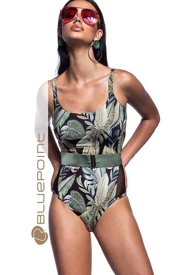 BEYOND CHIC WOMAN ONEPIECE SWIMSUIT WITH SIDE MESH REMOVABLE BELT AND TROPICAL PRINT OPEN BACK WITH STRAP ADJUSTABLES STRAPS AND REMOVABLE PADS