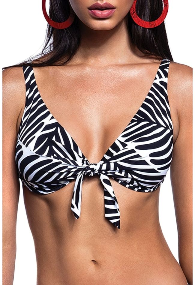 ULTRA CHIC WOMAN BIKINI TOP CUP D BLACK AND WHITE TROPICAL PRINT UNPADDED WIRED WITH ADJUSTABLE STRAPS