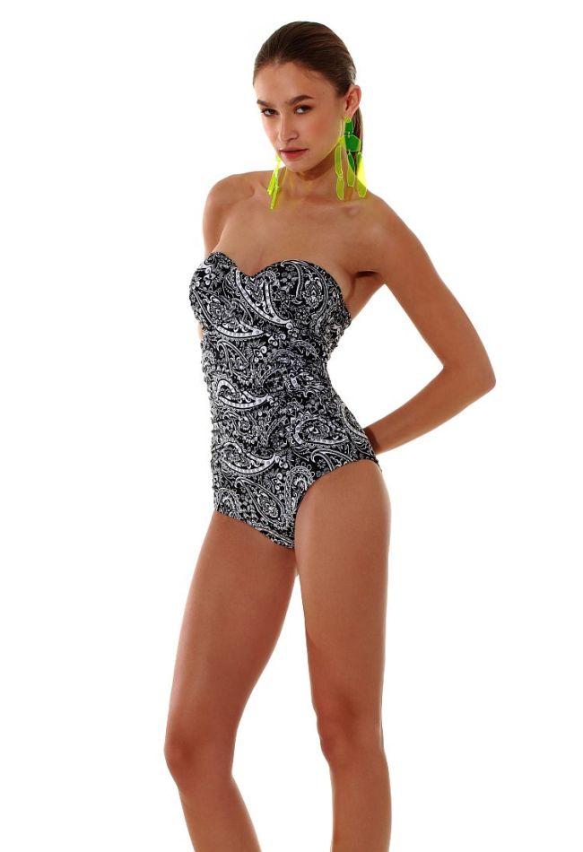 WOMAN ONEPIECE SWIMSUIT STRAPLESS CUP D WIRED MOLDED WITH B&W PAISLEY PRINT-HIPPIE CHIC