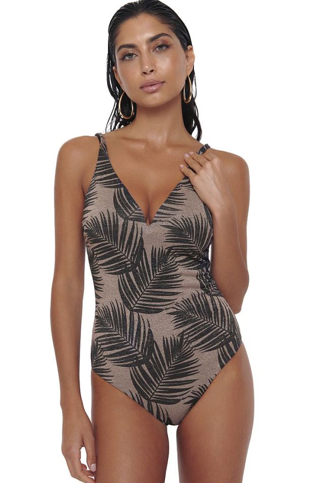 WOMAN ONEPIECE SWIMSUIT TROPICAL LUREX PRINT CUP B-D HIGH BACK MODERATE BACK COVERAGE-AFRICAN OVATION GOLD