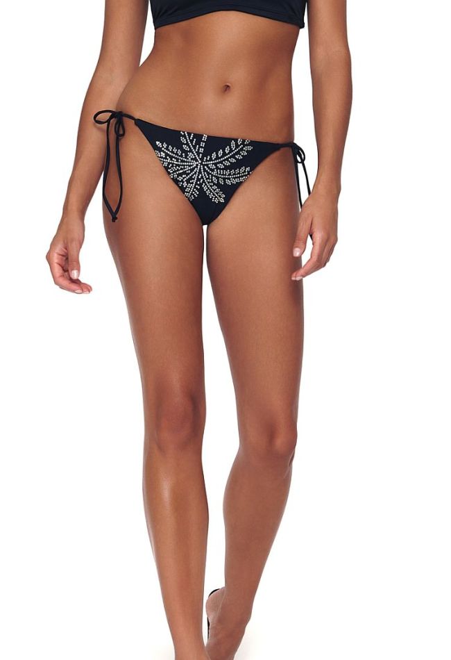 WOMAN BIKINI BOTTOM BRAZIL WITH CORD TIE-SIDE AND PARTIAL BACK COVERAGE-BLACK AND WHITE ADDICTION