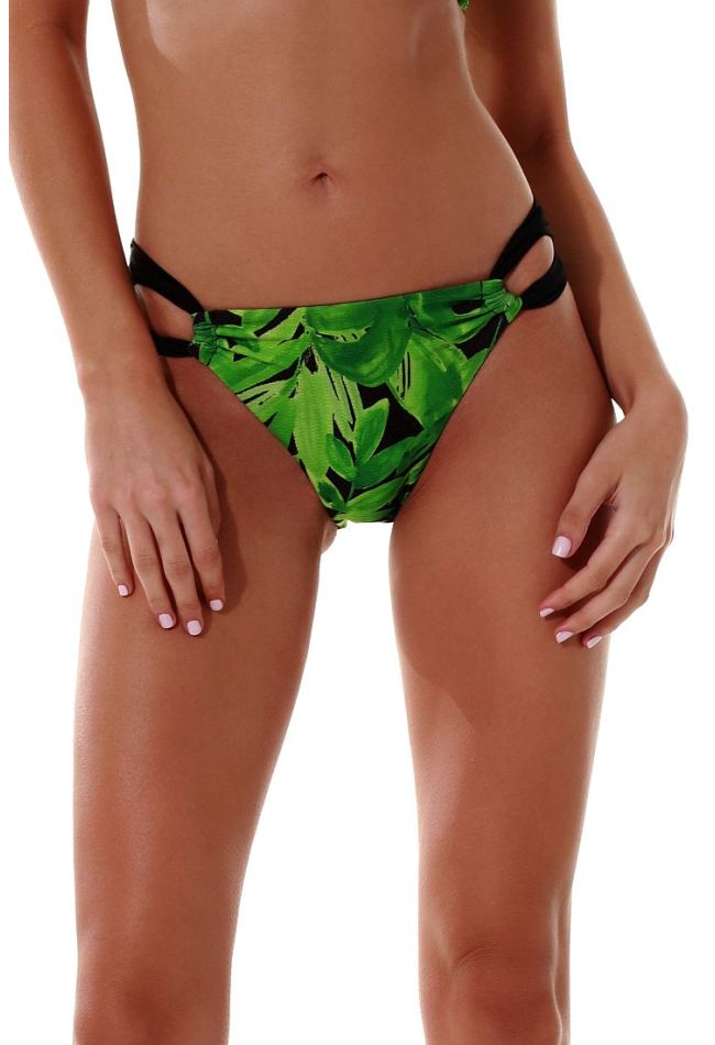 WOMAN BIKINI BOTTOM WITH SIDE OPENINGS MODERATE BACK COVERAGE AND TROPICAL PRINT-GREEN PARTY
