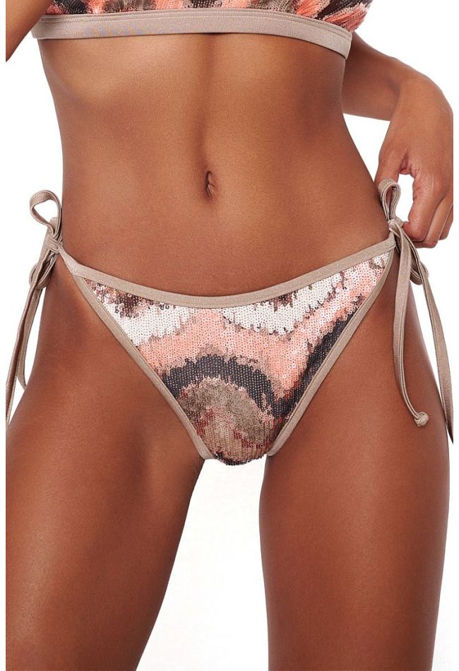 WOMAN BIKINI BOTTOM BRAZIL WITH SIDE CORDS PARTIAL BACK COVERAGE & MULTICOLOR SEQUINS-CHAMPAGNE COCKTAIL