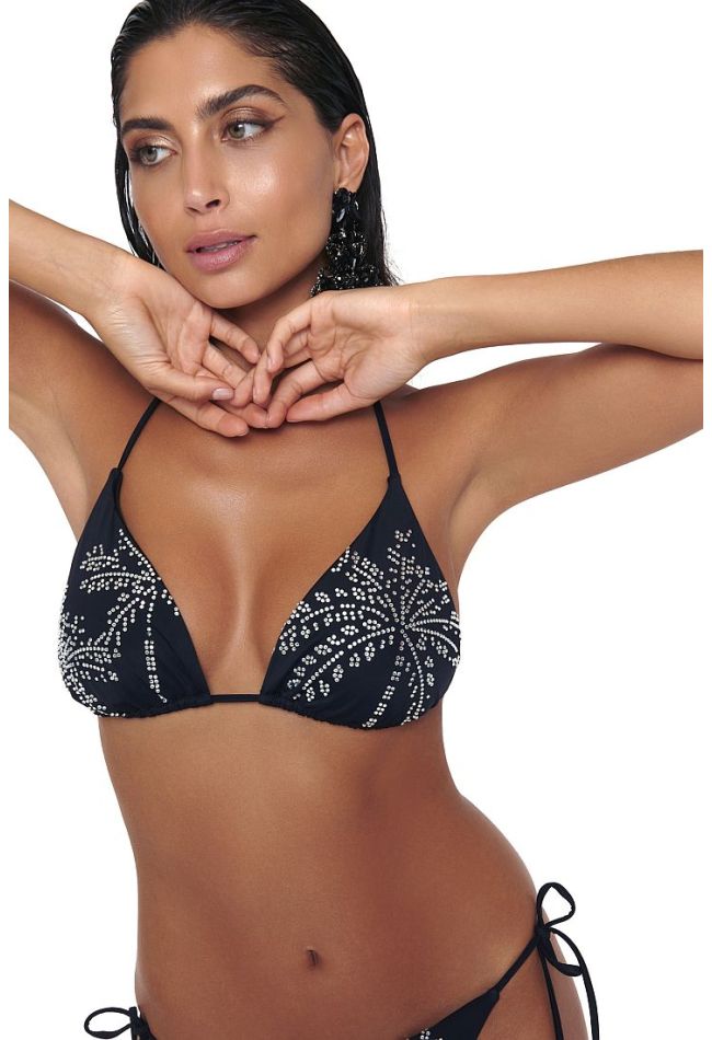 WOMAN BIKINI TOP TRIANGLE WITH CORDS AND REMOVABLE PADS--BLACK AND WHITE ADDICTION