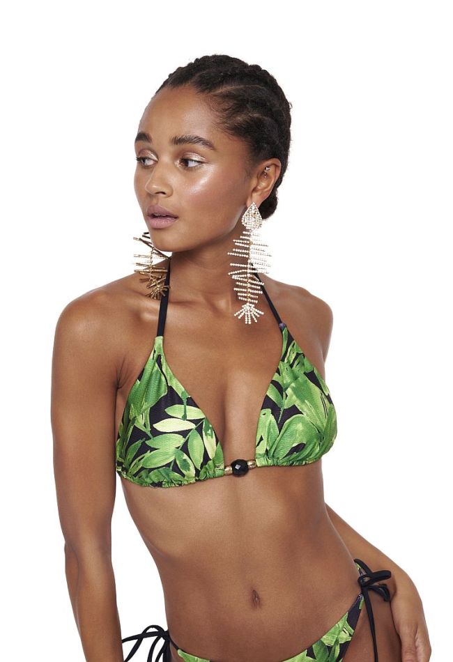 WOMAN BIKINI TOP TRIANGLE CUP B-C WIRELESS WITH CORDS TROPICAL PRINT AND REMOVABLE PADS-GREEN PARTY
