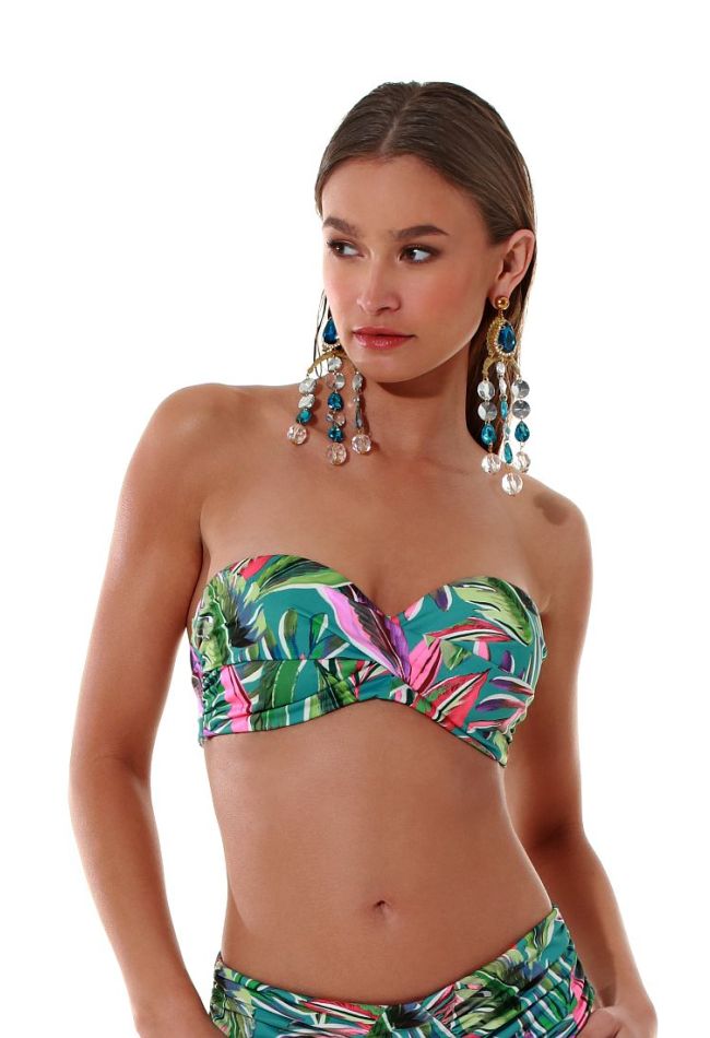 WOMAN BIKINI TOP STRAPLESS CUP D TROPICAL PRINT WIRED FRONT TWISTED WITH REMOVABLE STRAPS-PARADISE FOUND