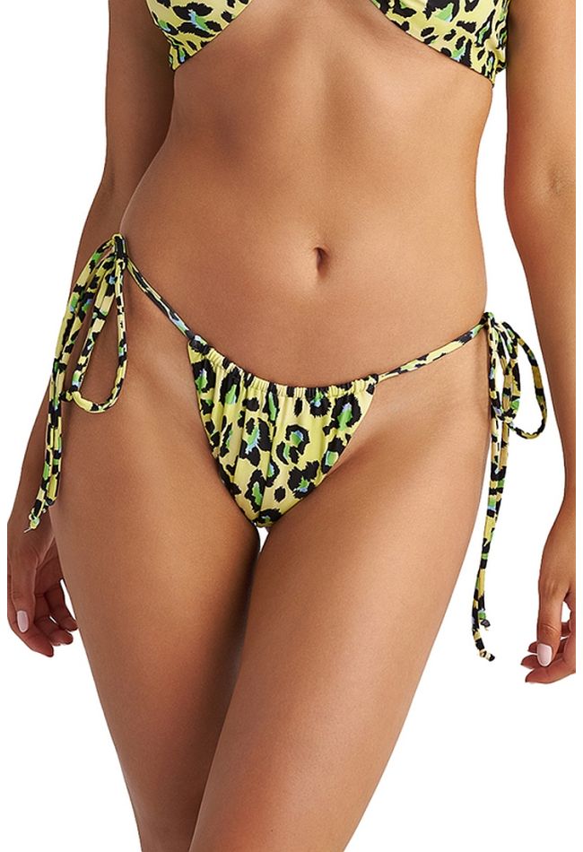 WOMAN BIKINI BOTTOM BRAZIL WITH SIDE CORDS PARTIAL BACK COVERAGE AND FLUO ANIMAL PRINT-LIME LEO