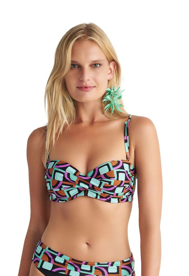 WOMAN BIKINI TOP STRAPLESS CUP D GEOMETRIC PRINT WIRED FRONT TWISTED WITH REMOVABLE STRAPS-TRIVIA