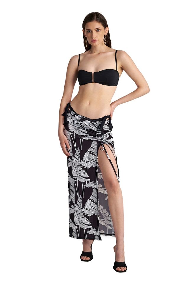 WOMAN LONG DRAWSTRING SKIRT PAREO WITH TROPICAL B/W PRINT & SIDE OPENING-BLACK LEAVES