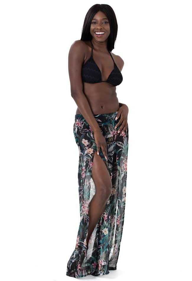 KINABALU PANTS WOMAN FULL LENGTH PANTS IN CHIFFON WITH WIDE ELASTIC WAISTBAND AND WIDE FLOATY LEGS WITH SPLITS EXOTIC FLORAL PRINT