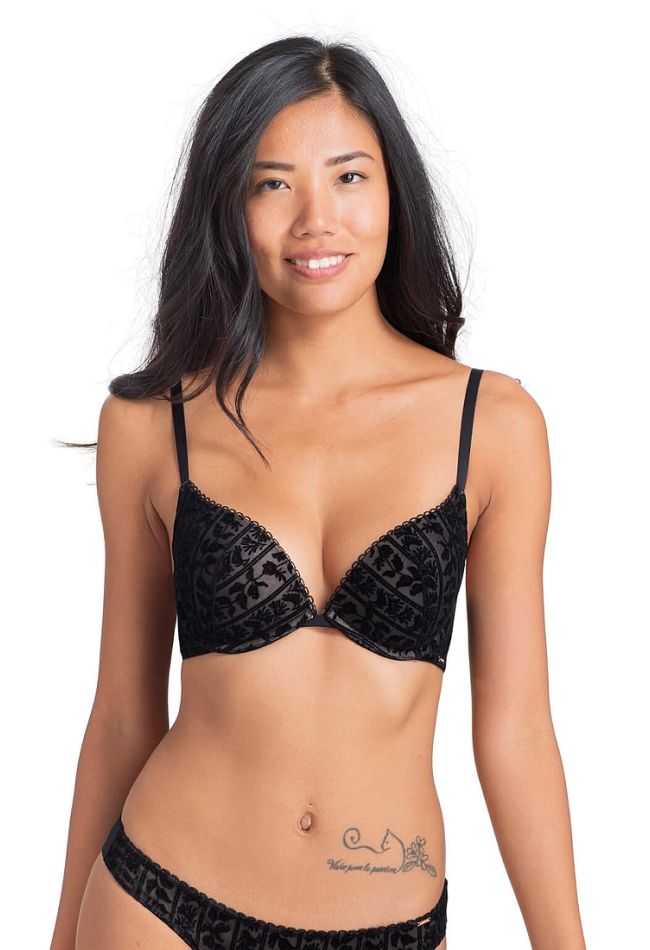 VINE PLUNGE PUSH UP BRA 3/4 CUP FLOCKED FLOREAL PATTERN WIRED