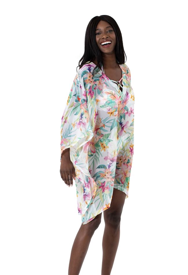 KORO ISLAND COVER_UP WOMAN TROPICAL FLORAL PRINT ON WHITE CHIFON DEEP V NECK WITH CENTRAL STRAP DETAILS AND WIDE FLOATY SLEEVES
