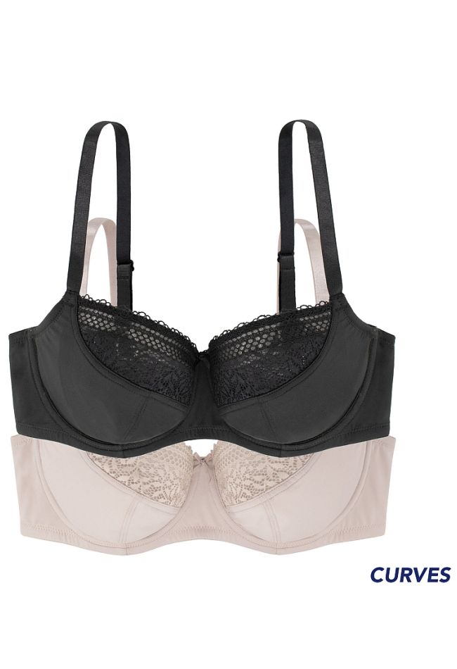 UNLINED_BRA-2PP 2-PACK BLACK-BEIGE WOMAN PLUNGE NON PADDED 3/4 CUP WIRED BRA WITH FLORAL LACE