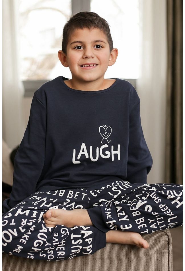 BOY KIDS COTTON PYJAMAS "LAUGH" AND LETTERING PANTS PRINT PATTERN AND ANKLE CUFFED LEGS