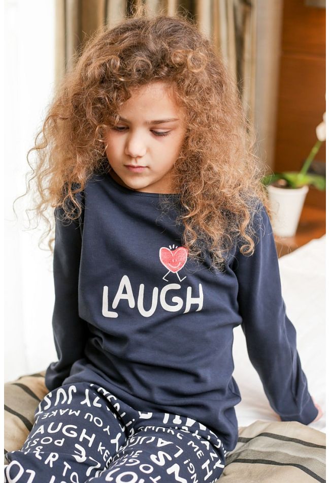 GIRL KIDS COTTON PYJAMAS "LAUGH" AND LETTERING PANTS PRINT PATTERN AND ANKLE CUFFED LEGS