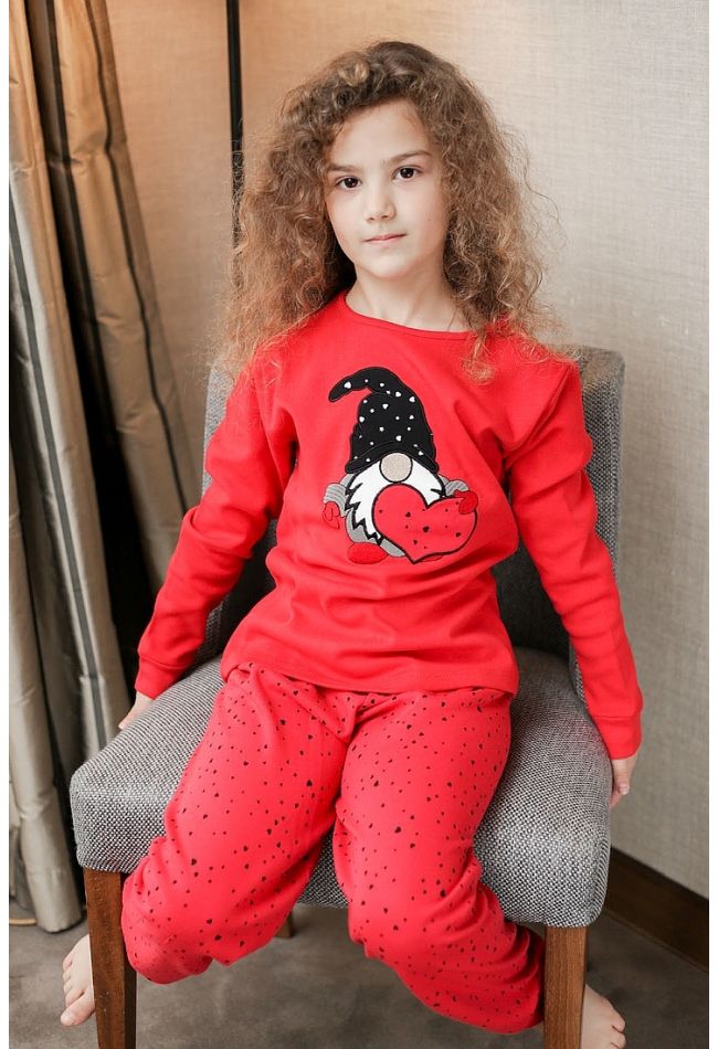 GIRL KIDS COTTON PYJAMS EMBROIDERY DWARF AND DOTS PATTERN ANKLE CUFFED LEGS