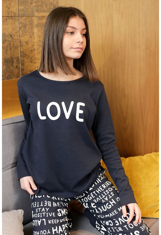 GIRL TEENS COTTON PYJAMAS "LOVE" AND LETTERING PANTS PRINT PATTERN AND ANKLE CUFFED LEGS