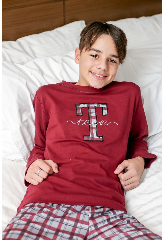 BOY TEENS COTTON PYJAMAS "TEEN" EMBROIDERY PATTERN AND TARTAN OPEN LEG PANTS
