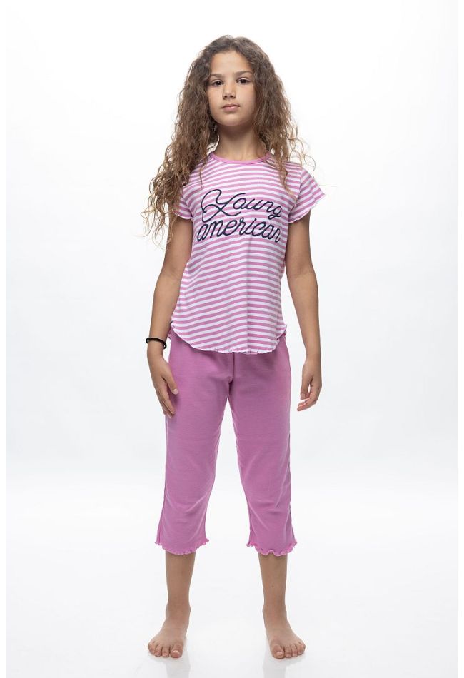 GIRL TEENS CAPRI COTTON STRIPED PYJAMAS WITH SHORT SLEEVES AND YOUNG AMERICAN PRINT