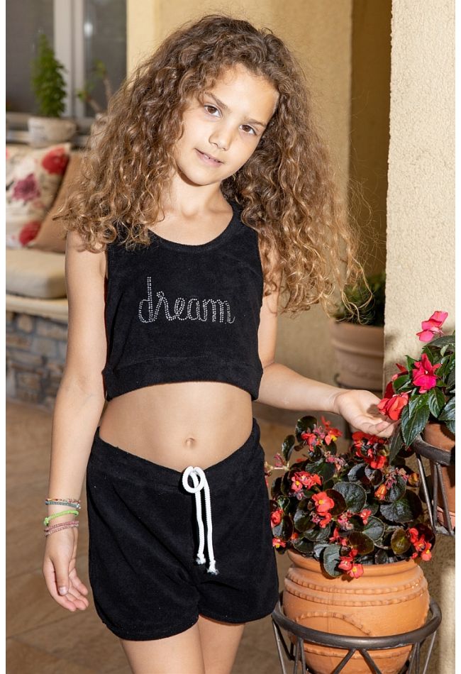 GIRL TERRY COTTON SET OF TOP AND SHORTS WITH LUREX PRINT "DREAM"