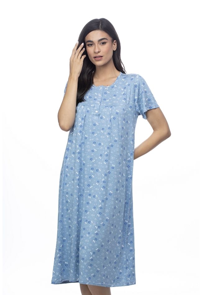 WOMAN LONG SHORT SLEEVES VISCOSE NIGHTDRESS FLORAL WITH BUTTON OPENING