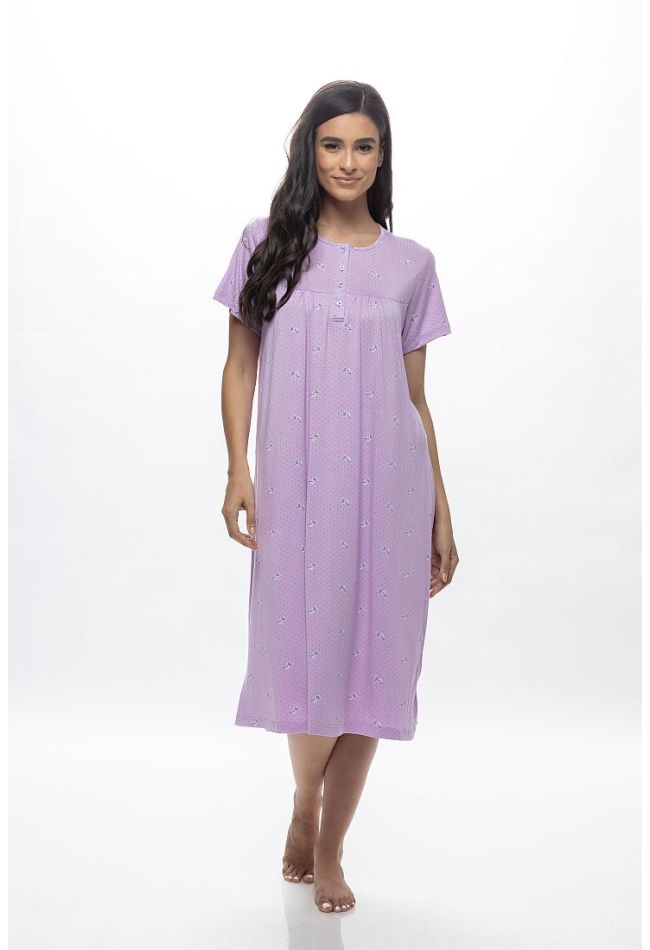 WOMAN LONG COTTON NIGHTDRESS WITH BUTTON OPENING PLEATS FLORAL AND DOT PATTERN