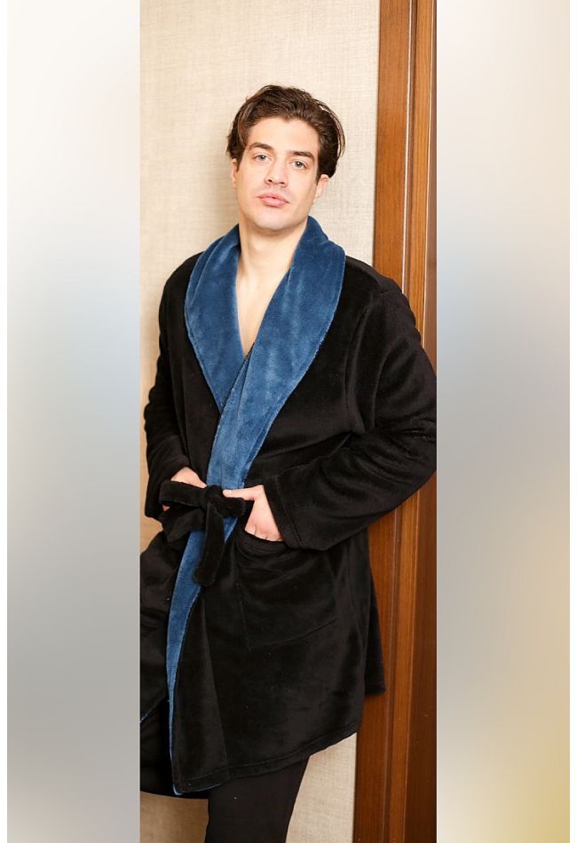 MAN LONG FLEECE ROBE PLAIN WITH CONTRAST COLOR IN LAPELS CROSS BELT WITH POCKETS